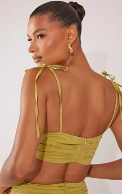 Discount PrettyLittleThing Ruched Tie Strap Crop Top Olive