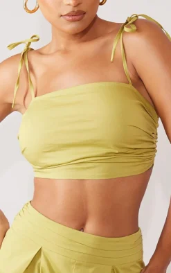 Discount PrettyLittleThing Ruched Tie Strap Crop Top Olive