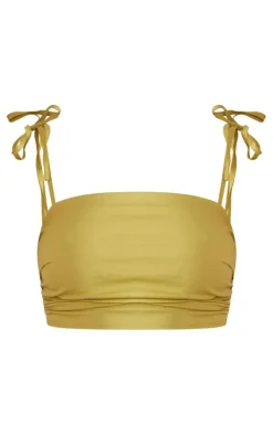 Discount PrettyLittleThing Ruched Tie Strap Crop Top Olive