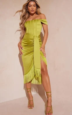 Satin Bardot Tassel Hem Draped Midi Dress-PrettyLittleThing Hot