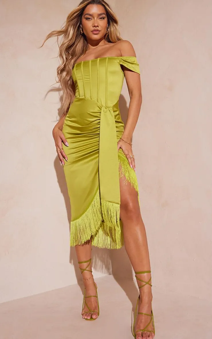 Satin Bardot Tassel Hem Draped Midi Dress-PrettyLittleThing Hot