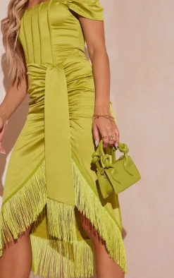 Satin Bardot Tassel Hem Draped Midi Dress-PrettyLittleThing Hot