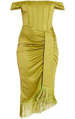 Satin Bardot Tassel Hem Draped Midi Dress-PrettyLittleThing Hot