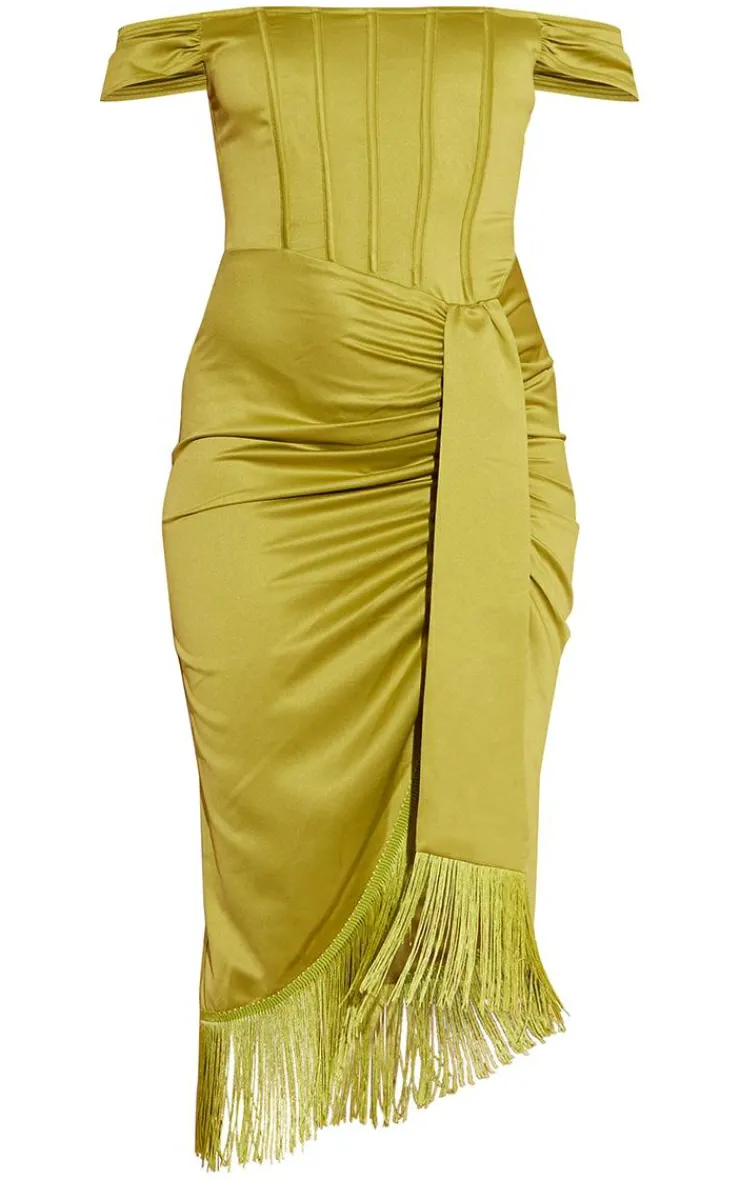 Satin Bardot Tassel Hem Draped Midi Dress-PrettyLittleThing Hot