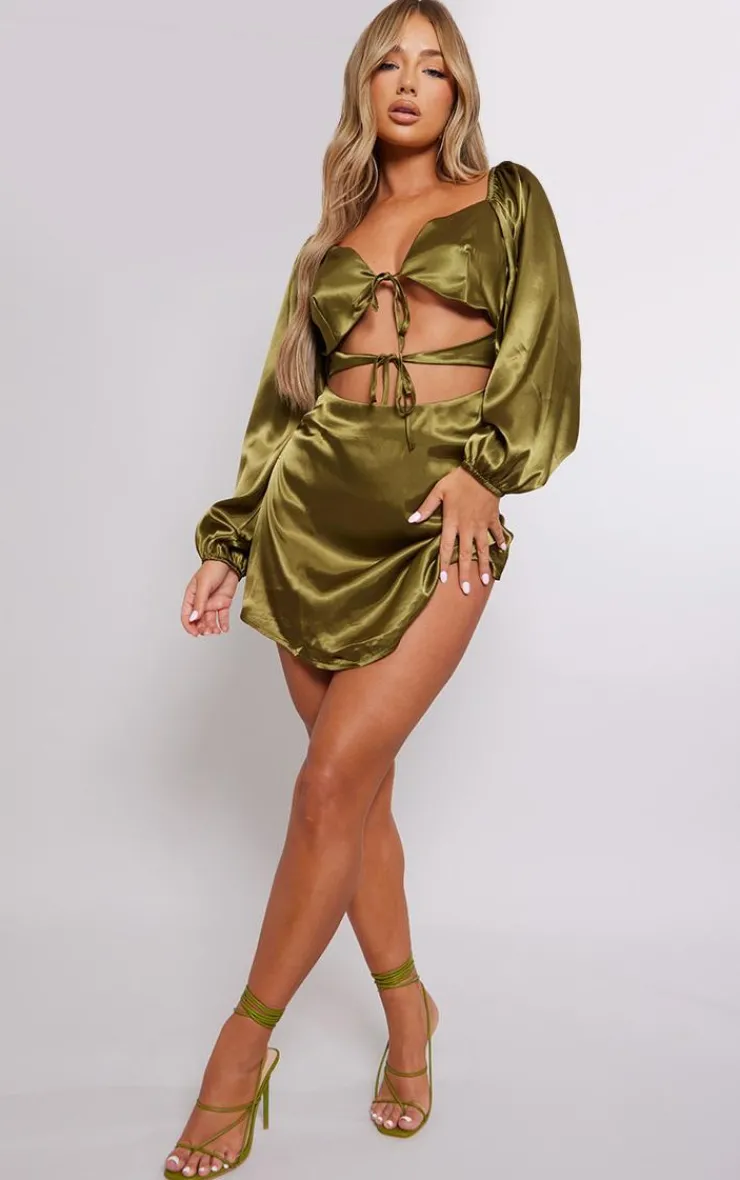 Olive Satin Cut Out Tie Detail Shift Dress-PrettyLittleThing Online