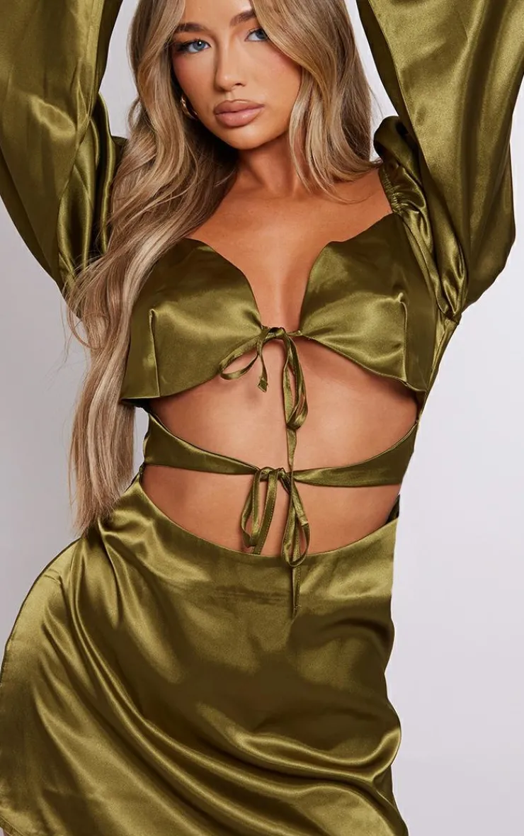 Olive Satin Cut Out Tie Detail Shift Dress-PrettyLittleThing Online