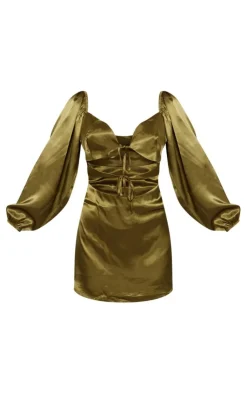 Olive Satin Cut Out Tie Detail Shift Dress-PrettyLittleThing Online