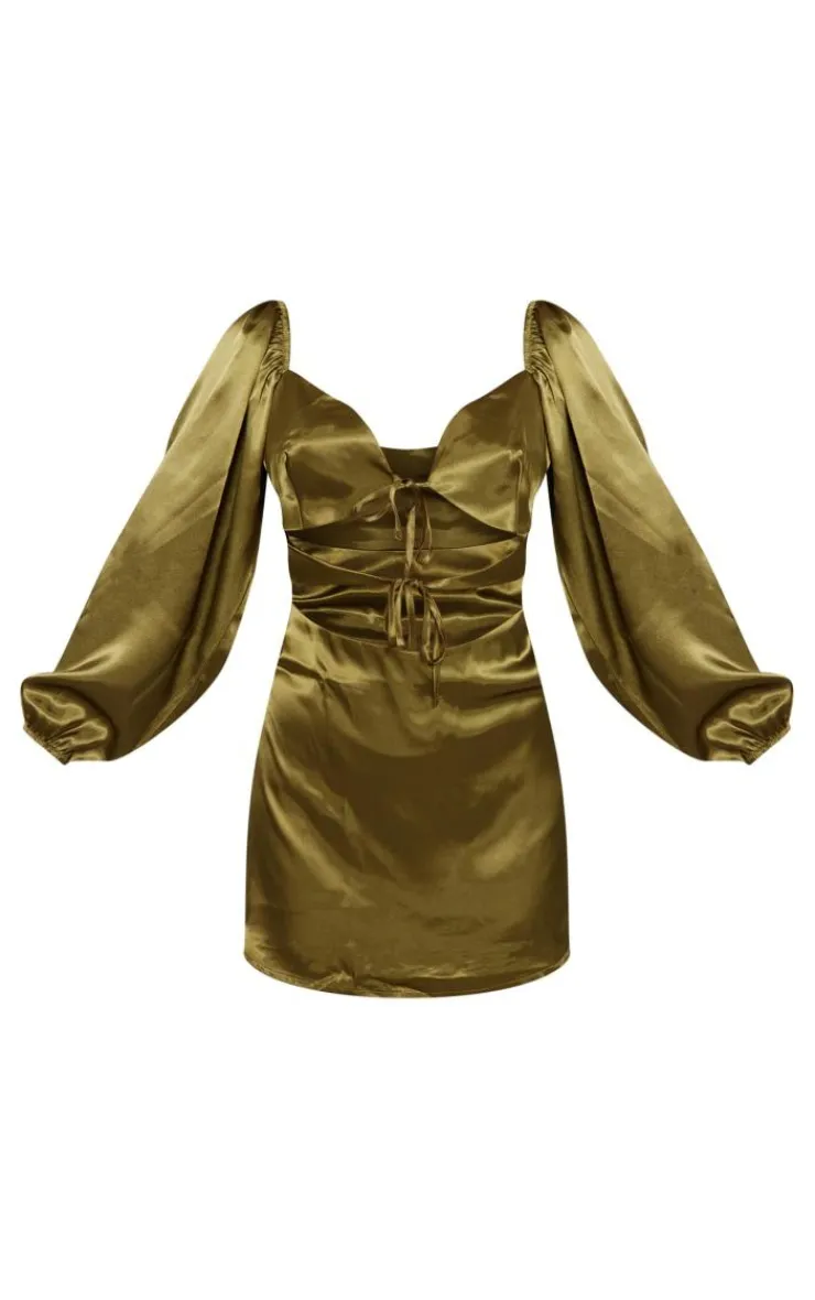 Olive Satin Cut Out Tie Detail Shift Dress-PrettyLittleThing Online