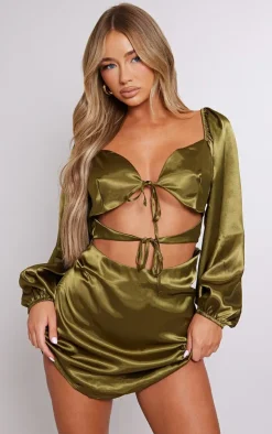 Olive Satin Cut Out Tie Detail Shift Dress-PrettyLittleThing Online