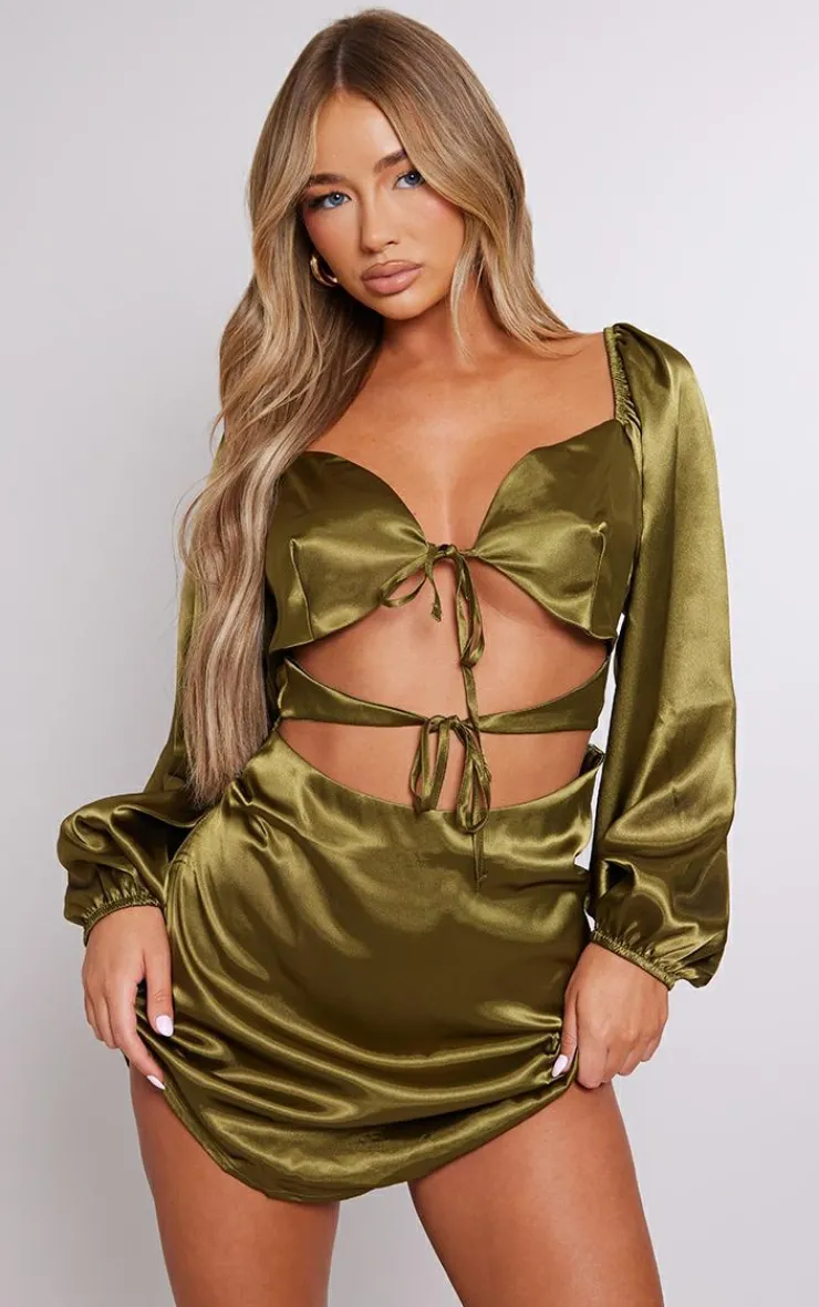 Olive Satin Cut Out Tie Detail Shift Dress-PrettyLittleThing Online