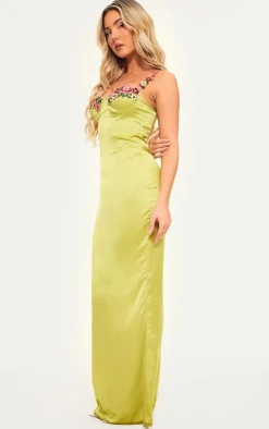 Satin Floral Applique Underwired Strappy Maxi Dress-PrettyLittleThing New