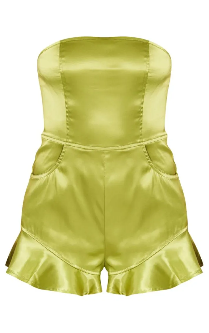 Olive Satin Frill Leg Bandeau Romper
