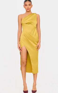 Satin One Shoulder Pleat Detail Midi Dress-PrettyLittleThing New