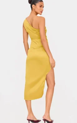 Satin One Shoulder Pleat Detail Midi Dress-PrettyLittleThing New