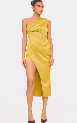 Satin One Shoulder Pleat Detail Midi Dress-PrettyLittleThing New
