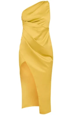 Satin One Shoulder Pleat Detail Midi Dress-PrettyLittleThing New
