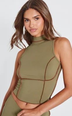 Clearance PrettyLittleThing Seam Detail High Neck Sleeveless Long Top Olive