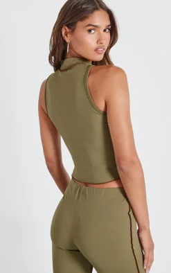 Clearance PrettyLittleThing Seam Detail High Neck Sleeveless Long Top Olive