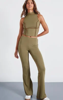 Clearance PrettyLittleThing Seam Detail High Neck Sleeveless Long Top Olive