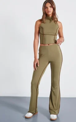 Outlet PrettyLittleThing Seam Detail Mid Rise Skinny Flared Pants Olive