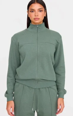 Online PrettyLittleThing Seam Detail Zip Through High Neck Sweatshirt Olive