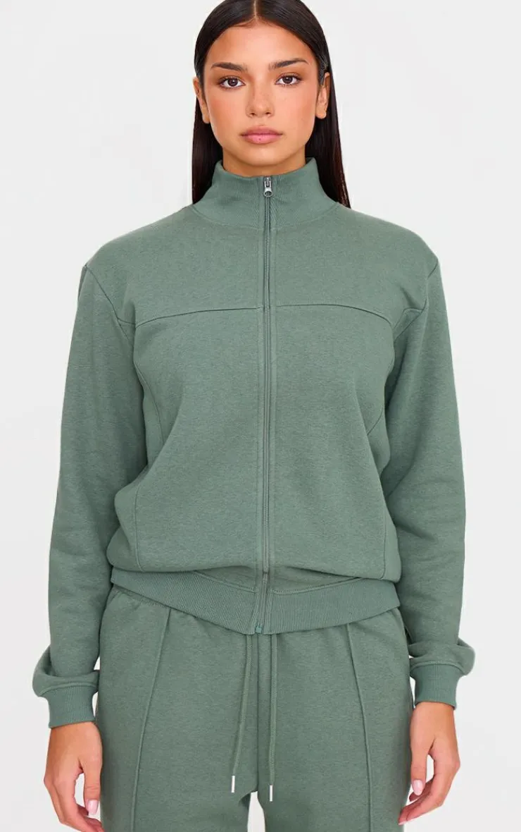 Online PrettyLittleThing Seam Detail Zip Through High Neck Sweatshirt Olive