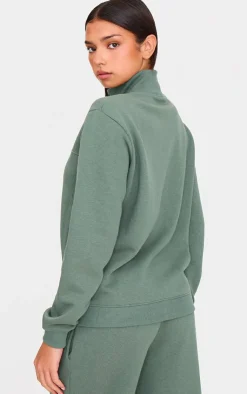 Online PrettyLittleThing Seam Detail Zip Through High Neck Sweatshirt Olive