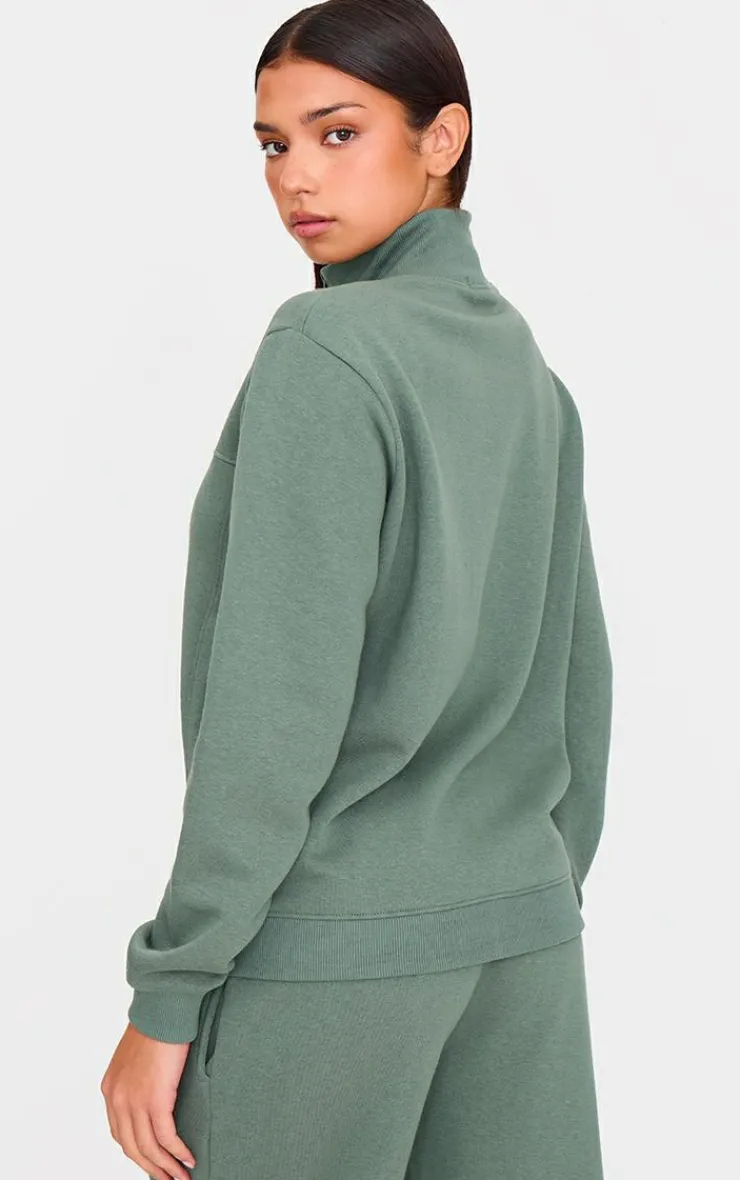 Online PrettyLittleThing Seam Detail Zip Through High Neck Sweatshirt Olive