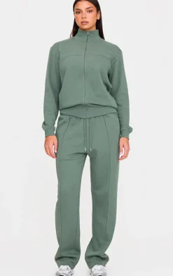 Online PrettyLittleThing Seam Detail Zip Through High Neck Sweatshirt Olive