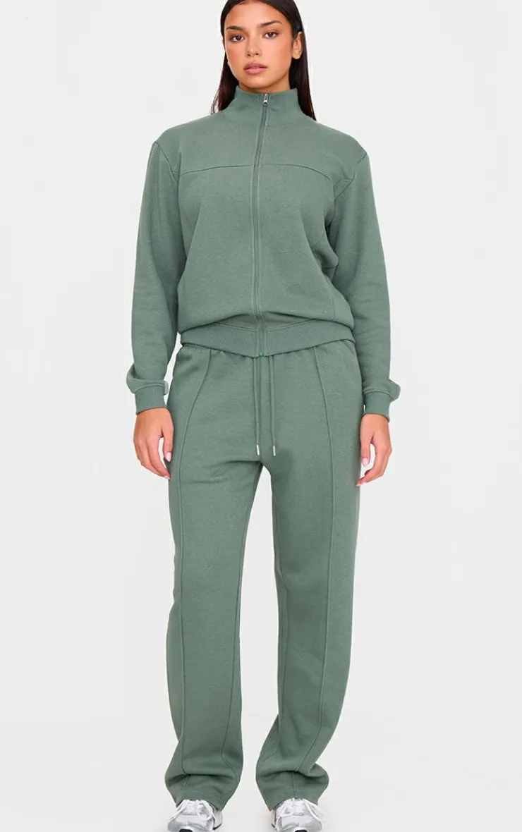 Online PrettyLittleThing Seam Detail Zip Through High Neck Sweatshirt Olive