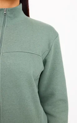 Online PrettyLittleThing Seam Detail Zip Through High Neck Sweatshirt Olive
