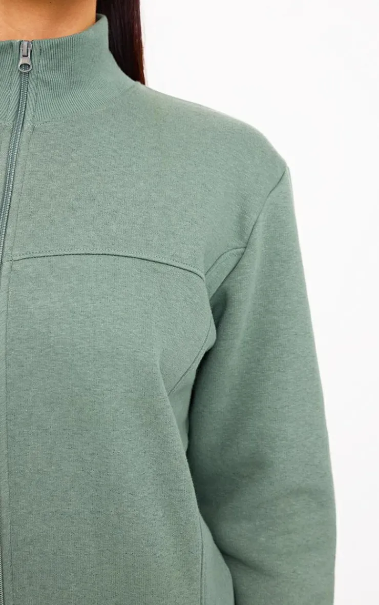 Online PrettyLittleThing Seam Detail Zip Through High Neck Sweatshirt Olive