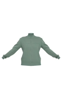 Online PrettyLittleThing Seam Detail Zip Through High Neck Sweatshirt Olive