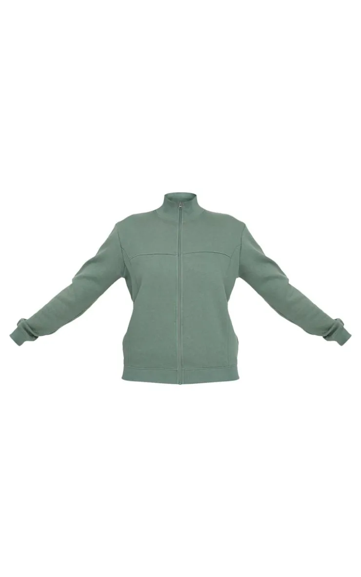 Online PrettyLittleThing Seam Detail Zip Through High Neck Sweatshirt Olive