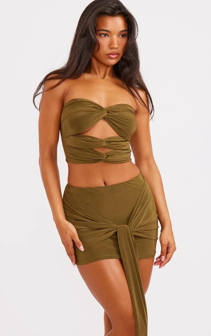 Discount PrettyLittleThing Slinky Cut Out Detail Bandeau Top Olive