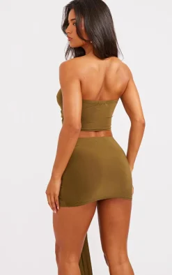 Discount PrettyLittleThing Slinky Cut Out Detail Bandeau Top Olive