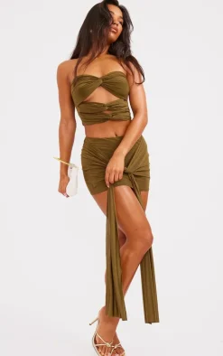 Discount PrettyLittleThing Slinky Cut Out Detail Bandeau Top Olive