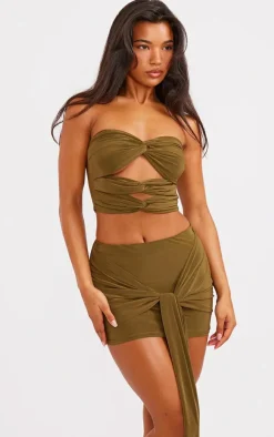 Discount PrettyLittleThing Slinky Cut Out Detail Bandeau Top Olive