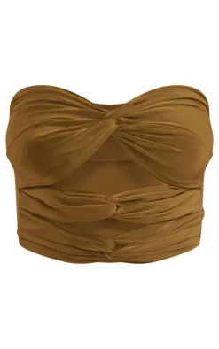 Discount PrettyLittleThing Slinky Cut Out Detail Bandeau Top Olive