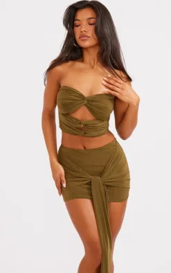 Clearance PrettyLittleThing Slinky Draped Front Mini Skirt Olive