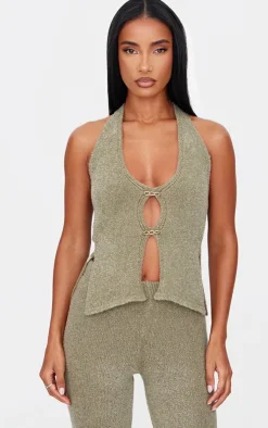 Hot PrettyLittleThing Soft Bobble Knit Gold Trim Vest Top Olive