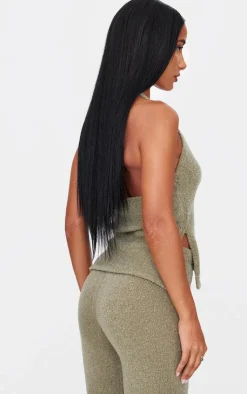Hot PrettyLittleThing Soft Bobble Knit Gold Trim Vest Top Olive