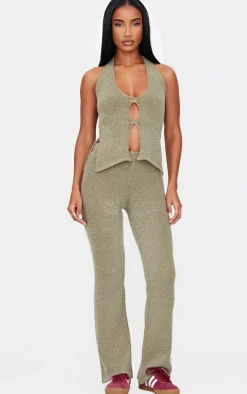 Hot PrettyLittleThing Soft Bobble Knit Gold Trim Vest Top Olive