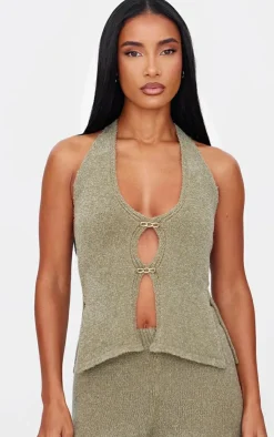 Hot PrettyLittleThing Soft Bobble Knit Gold Trim Vest Top Olive