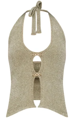 Hot PrettyLittleThing Soft Bobble Knit Gold Trim Vest Top Olive