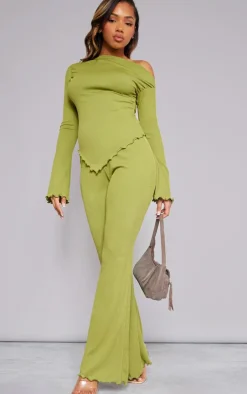 Sale PrettyLittleThing Soft Rib Mid Rise Skinny Straight Pants Olive