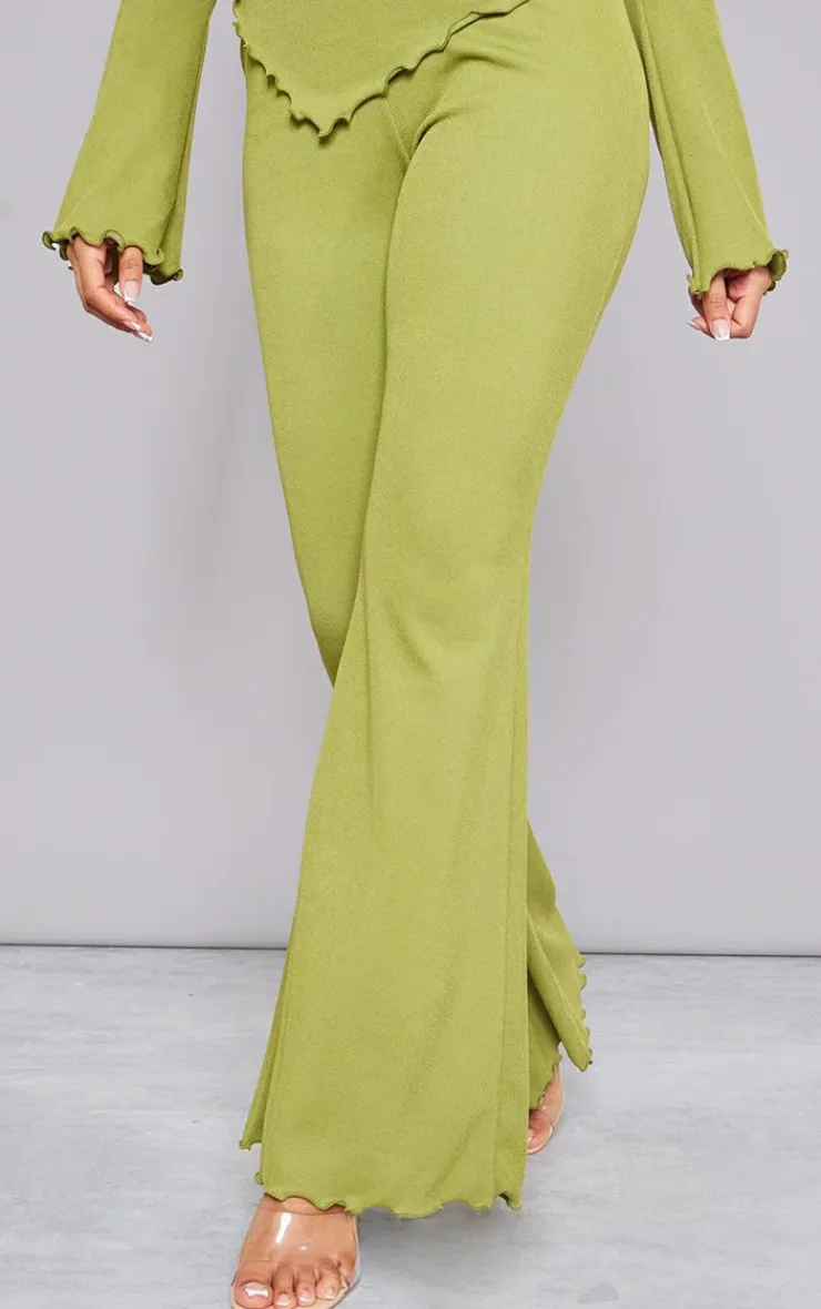 Sale PrettyLittleThing Soft Rib Mid Rise Skinny Straight Pants Olive