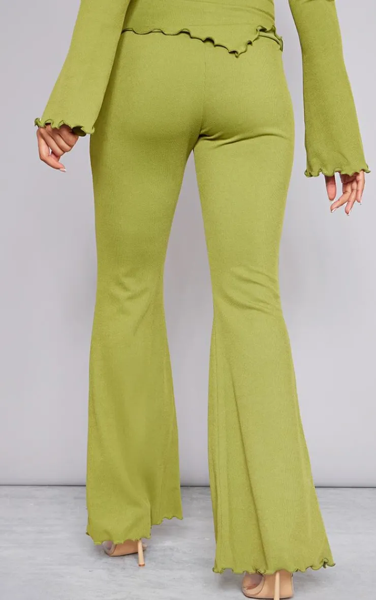 Sale PrettyLittleThing Soft Rib Mid Rise Skinny Straight Pants Olive