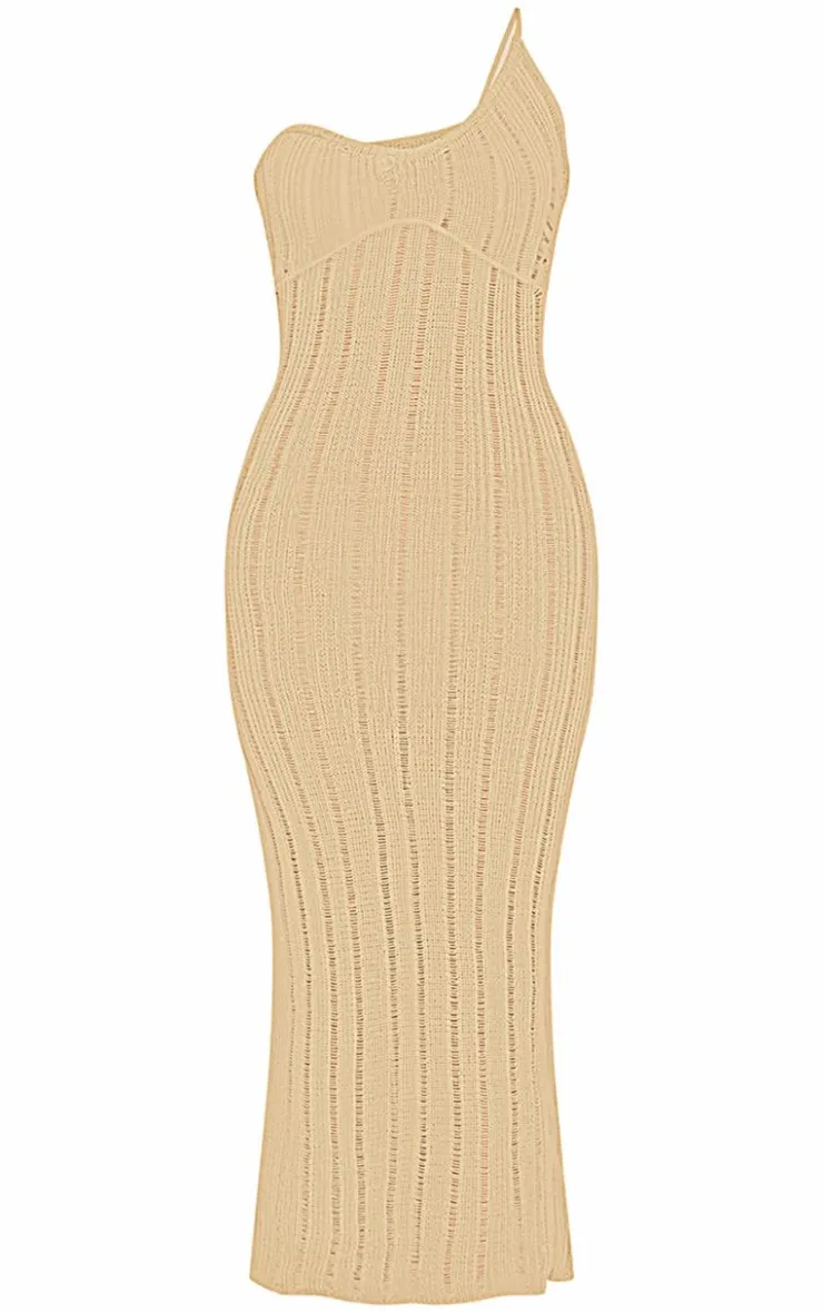 Stripe Crochet Knit Asymmetric Neck Maxi Dress-PrettyLittleThing Sale