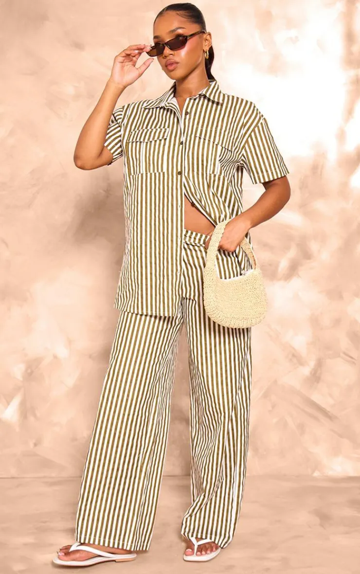 Outlet PrettyLittleThing Stripe Linen Look High Waisted Tailored Pants Olive